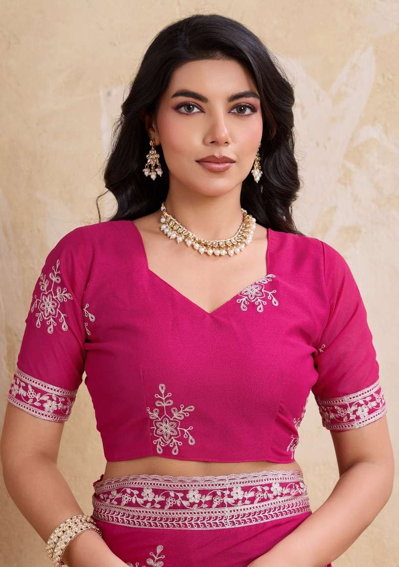 Rani Pink Georgette Saree Set with Embroidered for Diwali | Wedding & Festive Wear - Indya