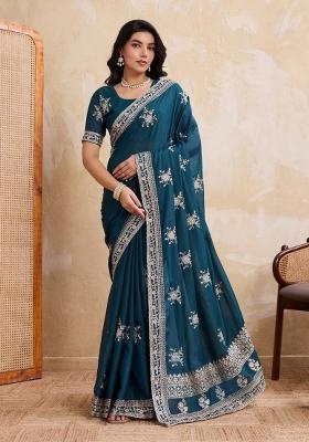 Teal Embroidered Georgette Saree Set