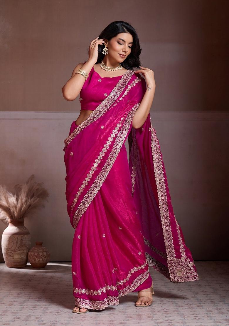 Rani Pink Embroidered Fendi Saree Set - Indya