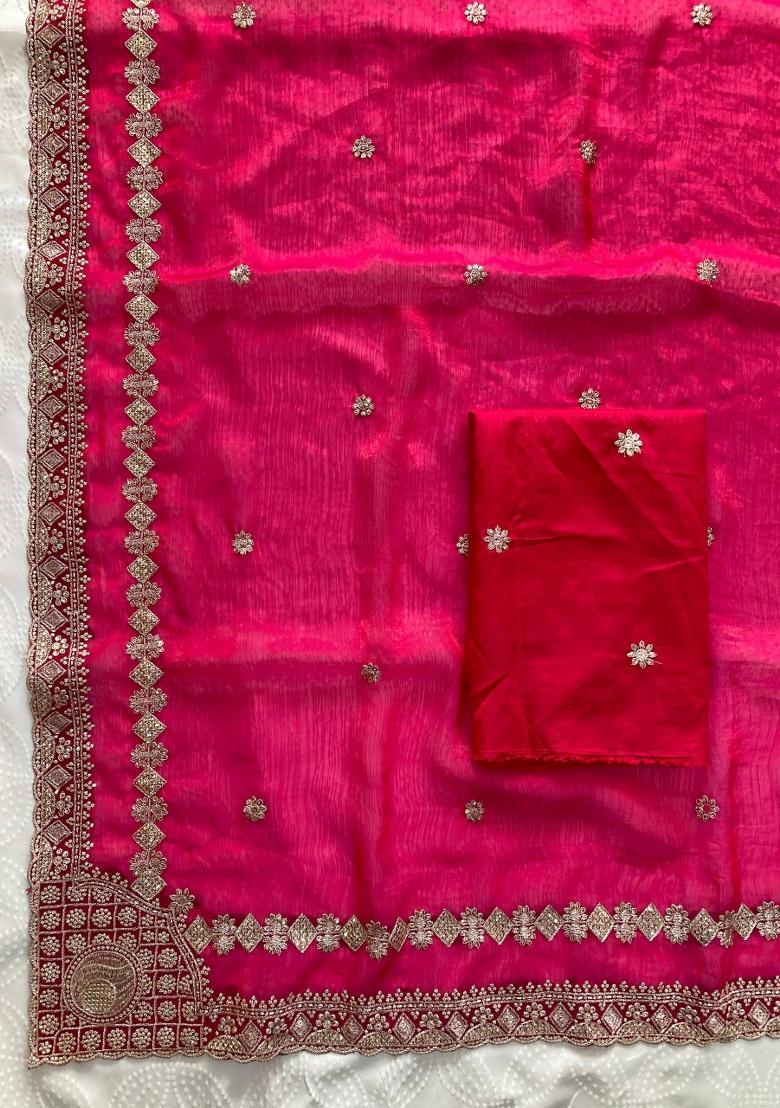 Rani Pink Embroidered Fendi Saree Set - Indya