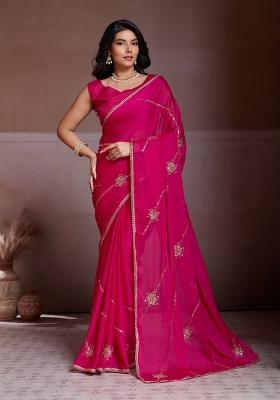 Rani Pink Embroidered Silk Saree Set