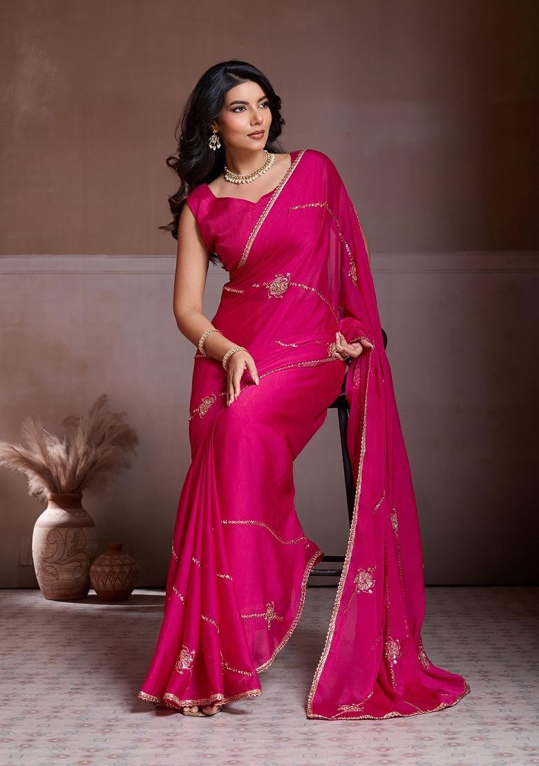 Rani Pink Embroidered Silk Saree Set - Indya