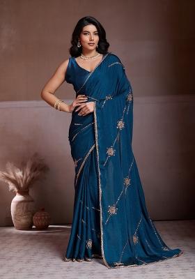 Teal Embroidered Silk Saree Set