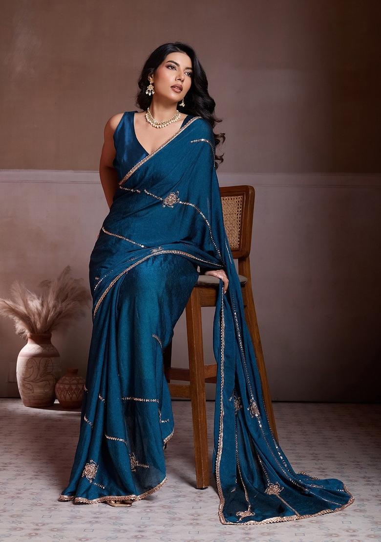 Teal Embroidered Silk Saree Set - Indya