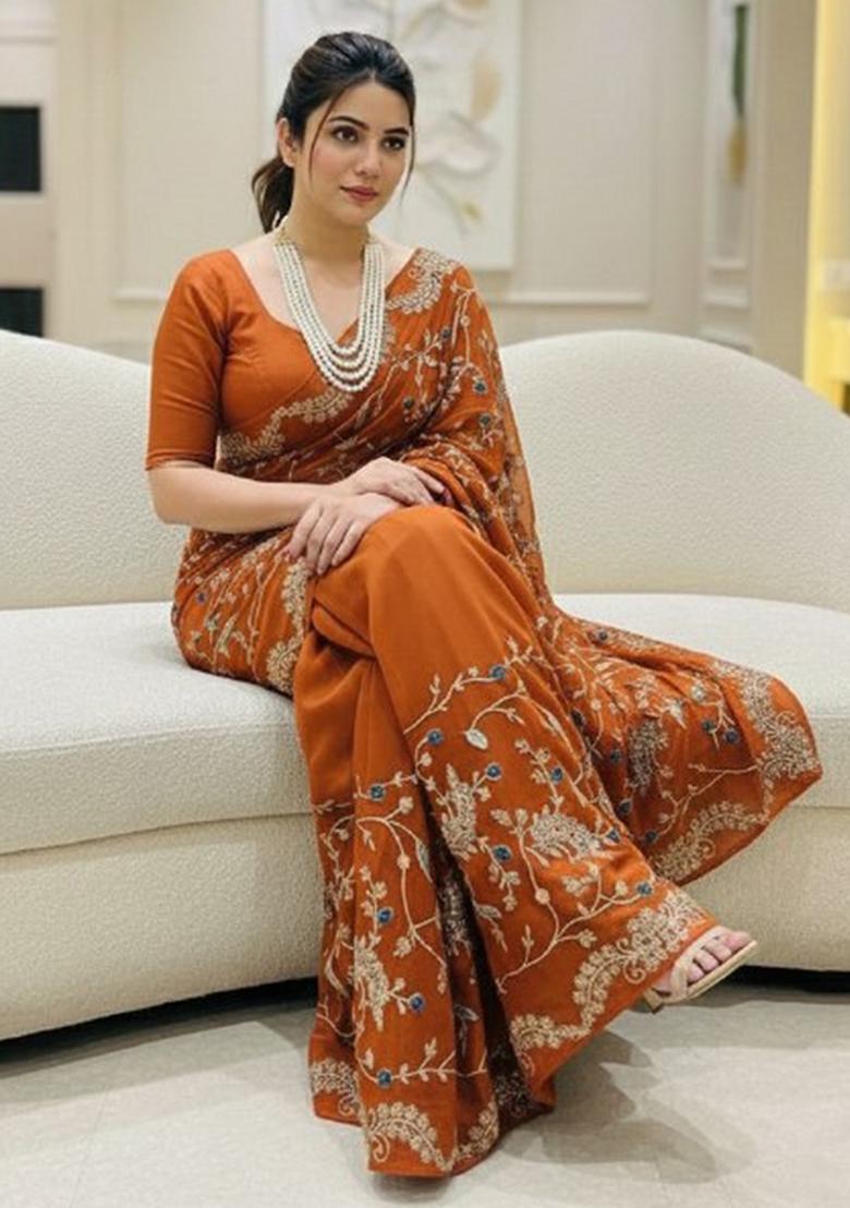 Teal Embroidered Silk Saree Set - Indya