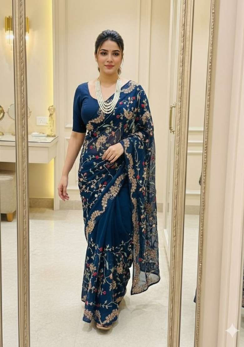 Orange Embroidered Silk Saree Set for Diwali and Festive Wear - Indya