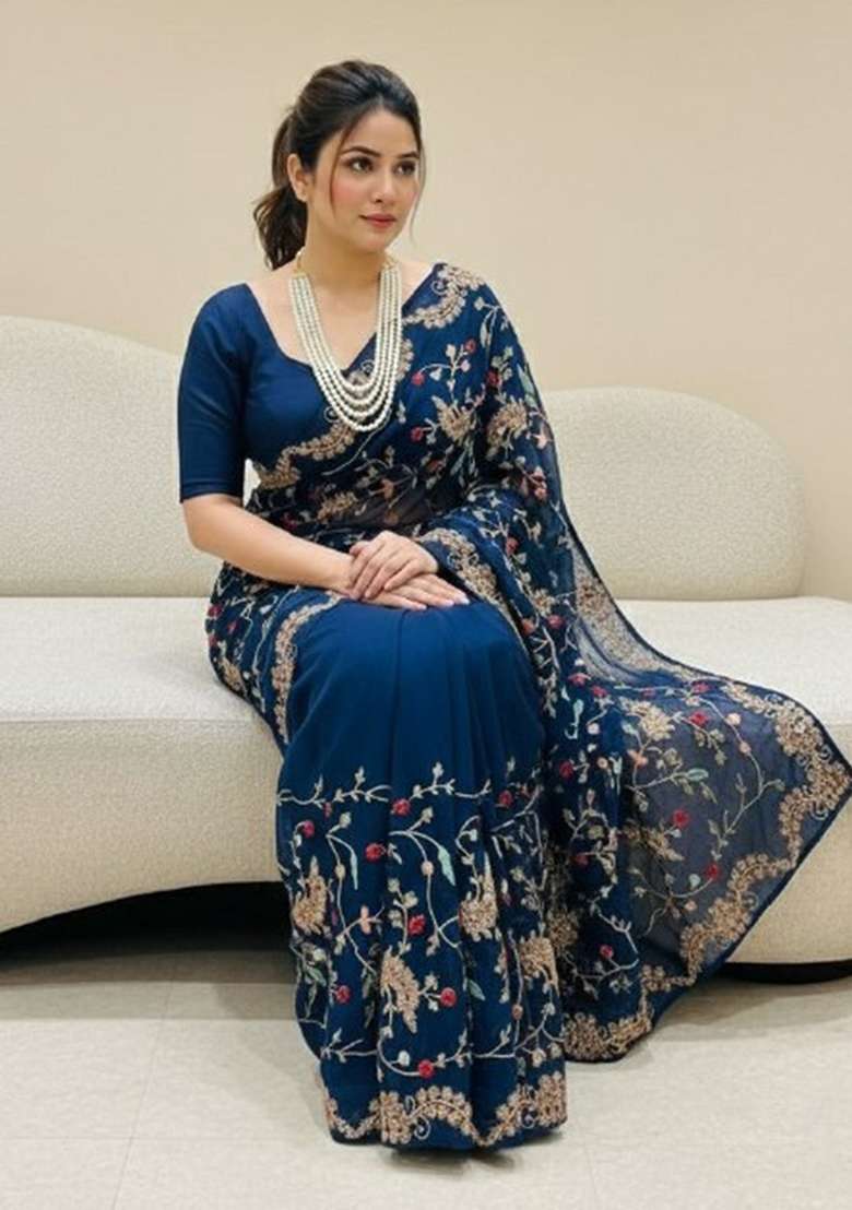 Orange Embroidered Silk Saree Set for Diwali and Festive Wear - Indya
