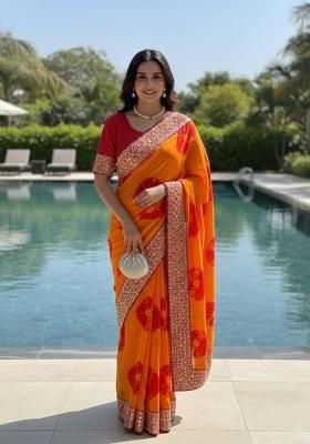 Mustard Embroidered Georgette Saree Set
