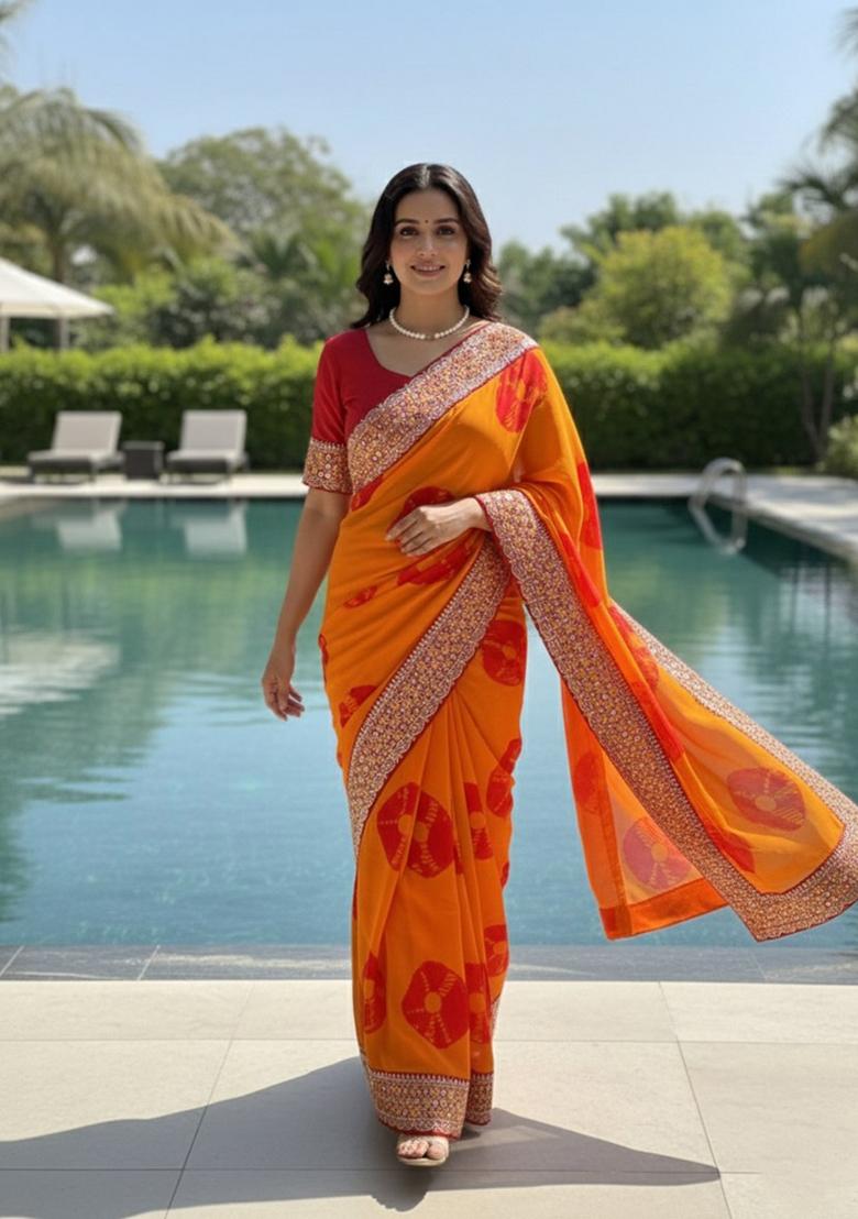 Mustard Embroidered Georgette Saree Set - Indya