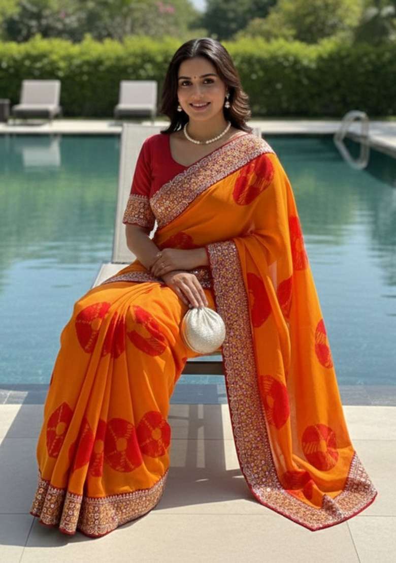 Mustard Embroidered Georgette Saree Set for Diwali and Festive Wear - Indya