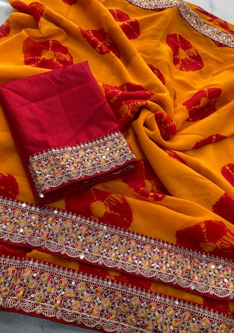 Mustard Embroidered Georgette Saree Set - Indya