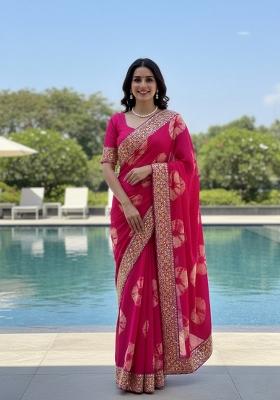 Pink Embroidered Georgette Saree Set