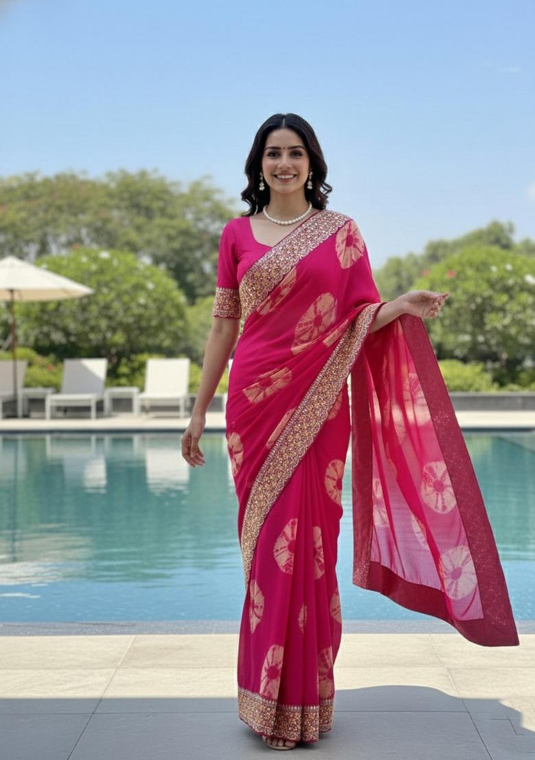 Pink Embroidered Georgette Saree Set - Indya