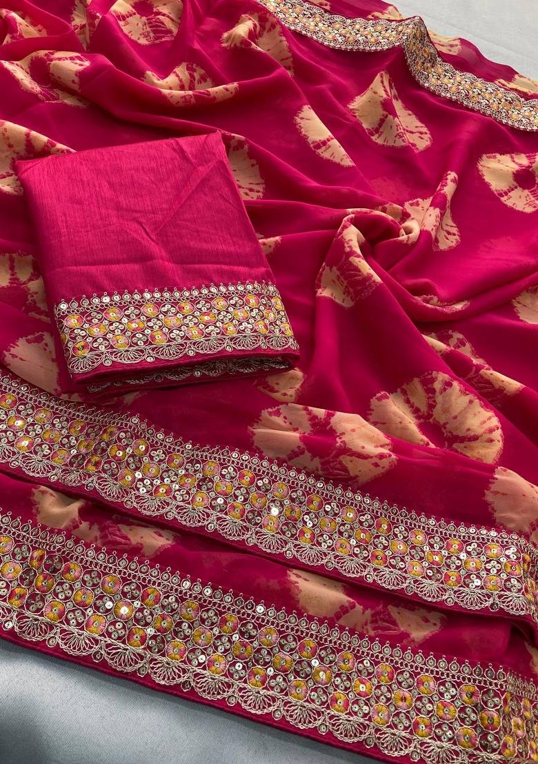 Pink Embroidered Georgette Saree Set - Indya