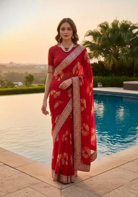 Red Embroidered Georgette Saree Set