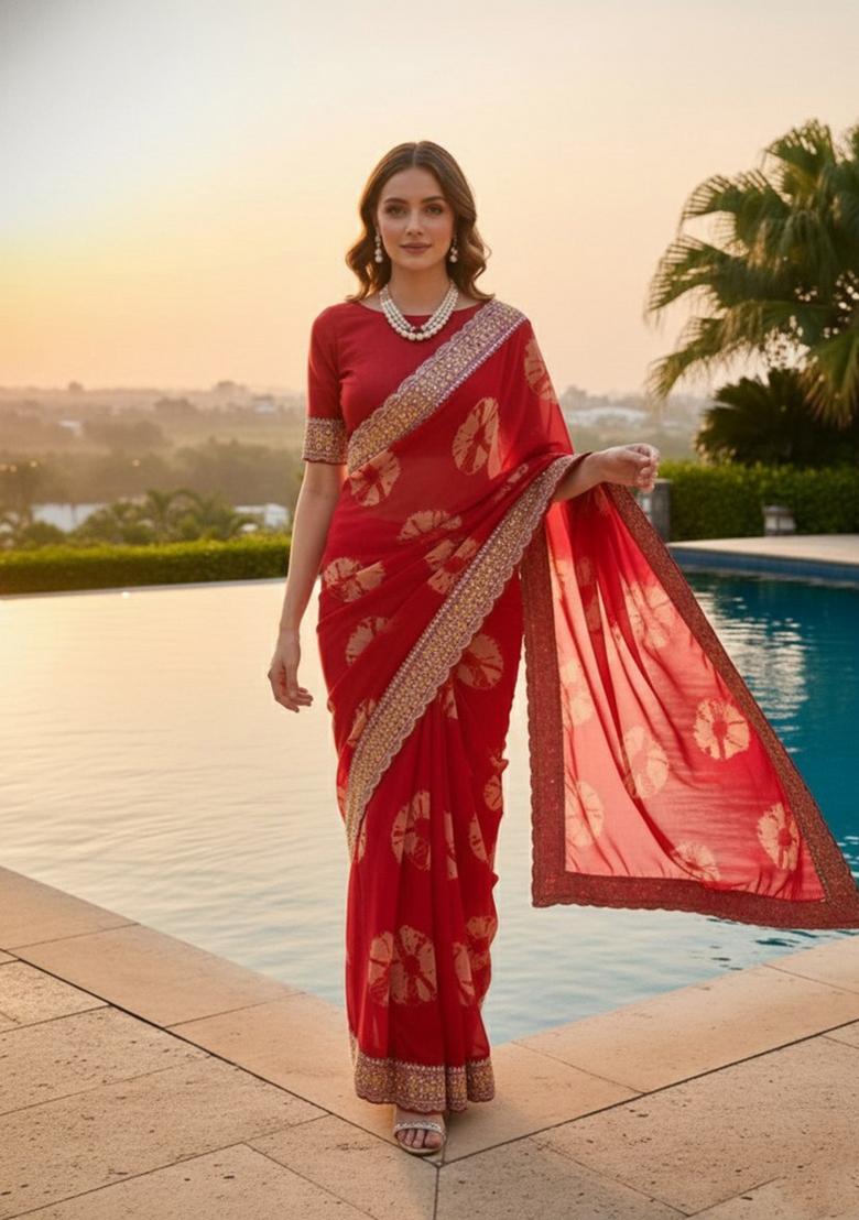 Red Embroidered Georgette Saree Set - Indya