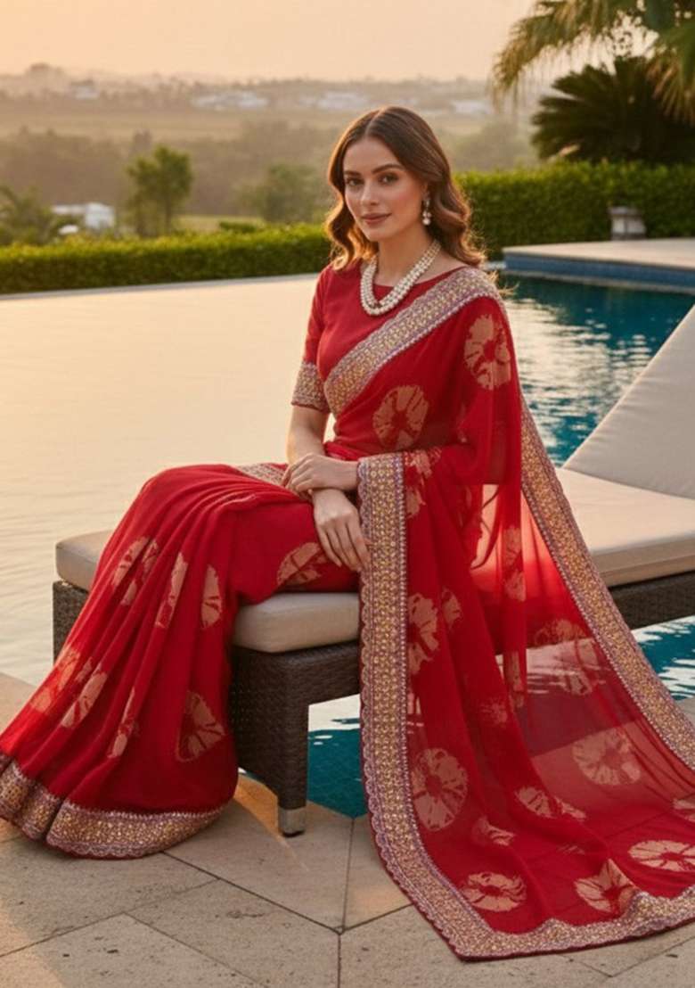 Red Georgette Saree Set with Embroidered for Diwali | Wedding & Festive Wear - Indya