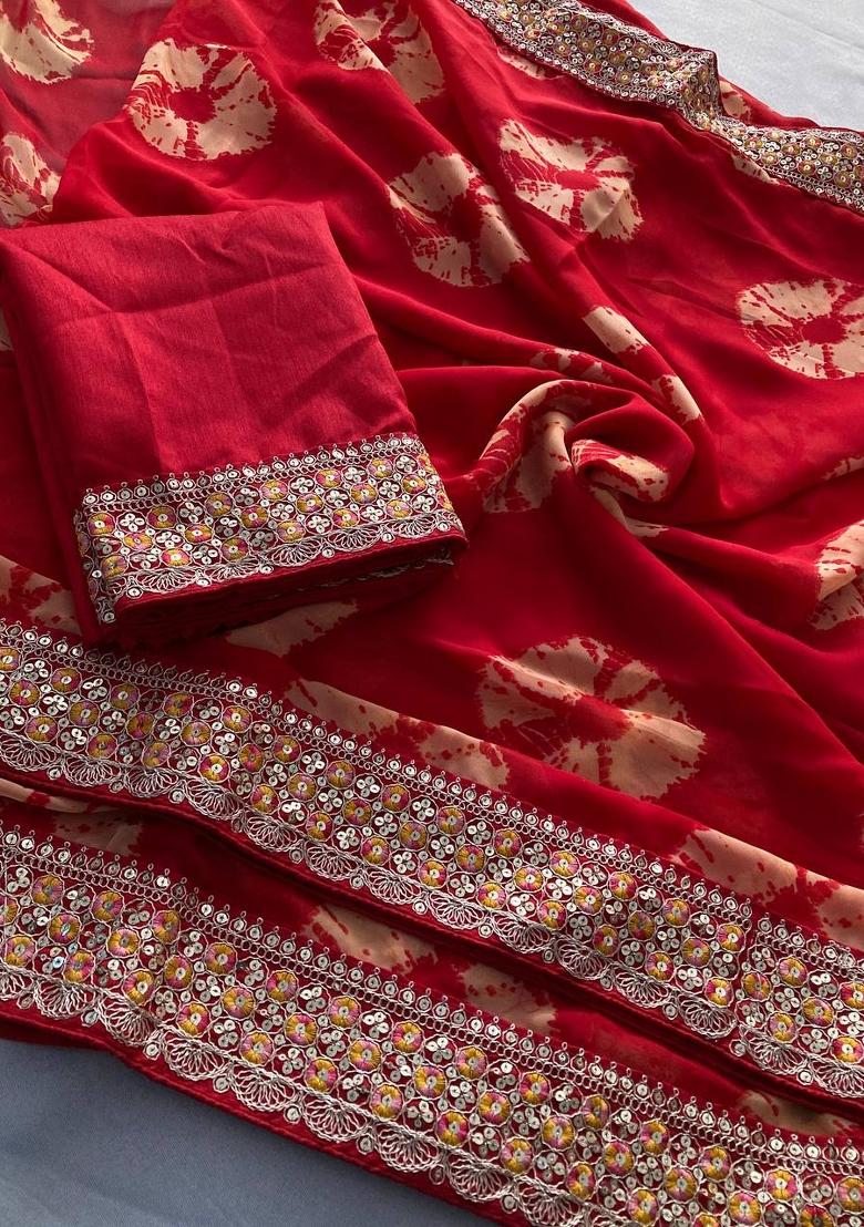 Red Embroidered Georgette Saree Set - Indya