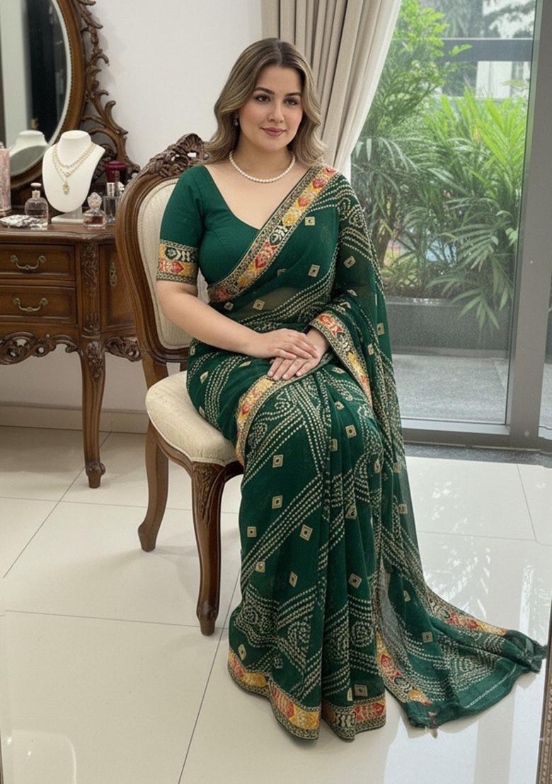 Green Embroidered Georgette Saree Set - Indya