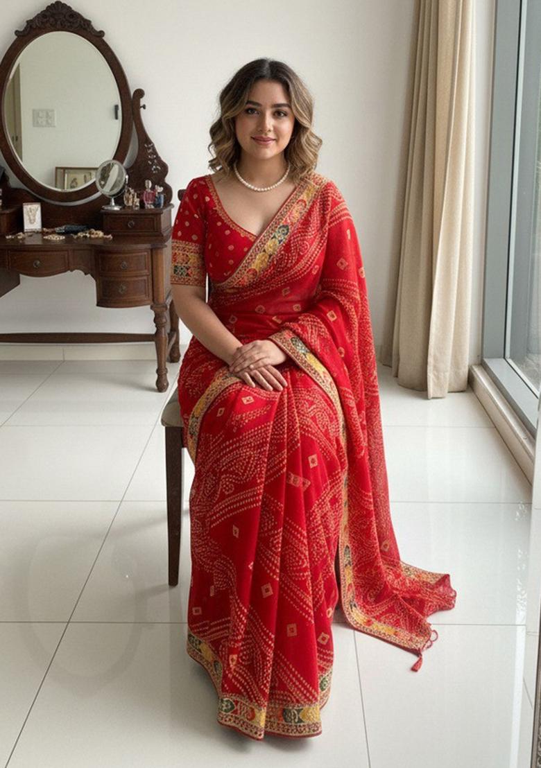 Maroon Embroidered Georgette Saree Set - Indya