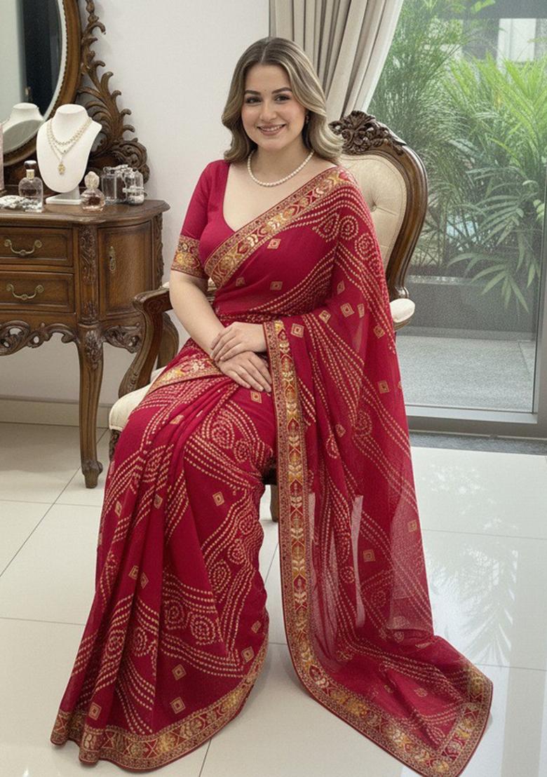 Pink Embroidered Georgette Saree Set - Indya