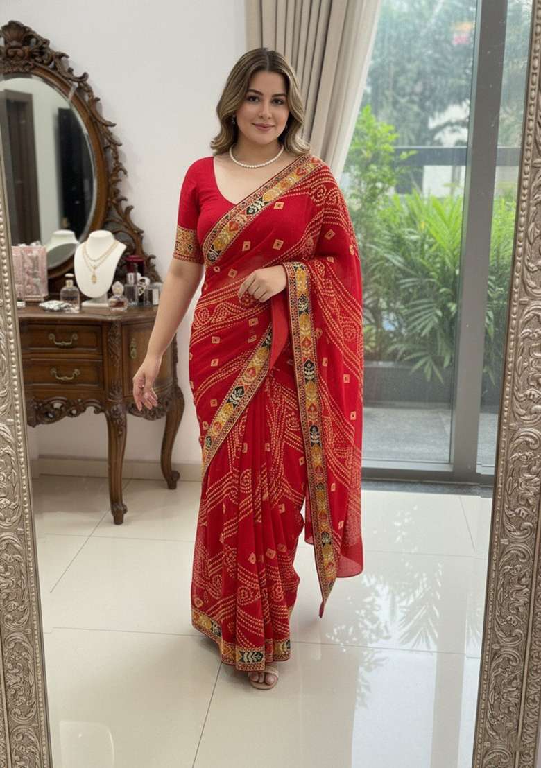 Red Embroidered Georgette Saree Set for Diwali and Festive Wear - Indya