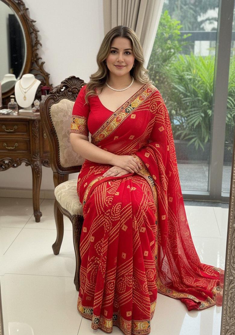 Red Embroidered Georgette Saree Set - Indya