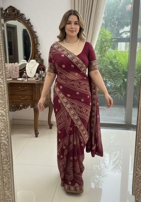 Wine Embroidered Georgette Saree Set