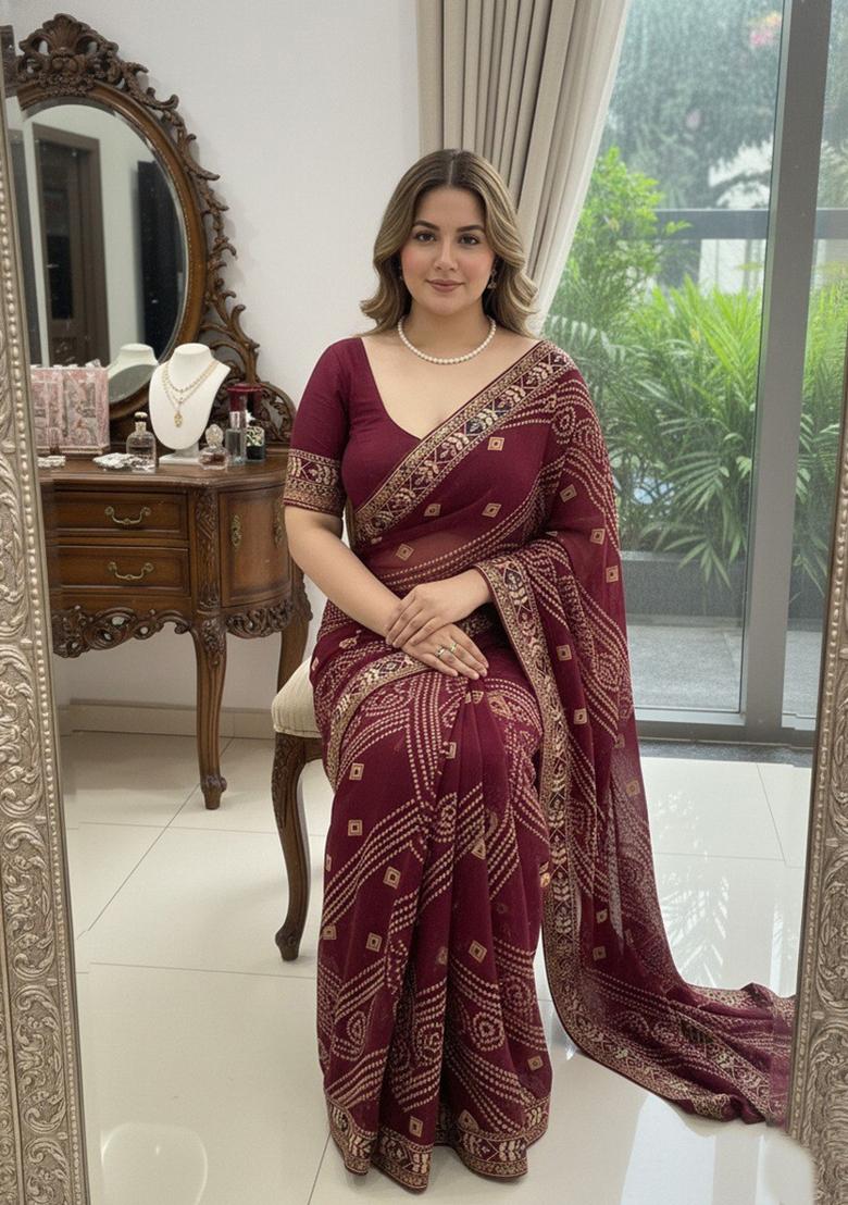 Wine Embroidered Georgette Saree Set - Indya