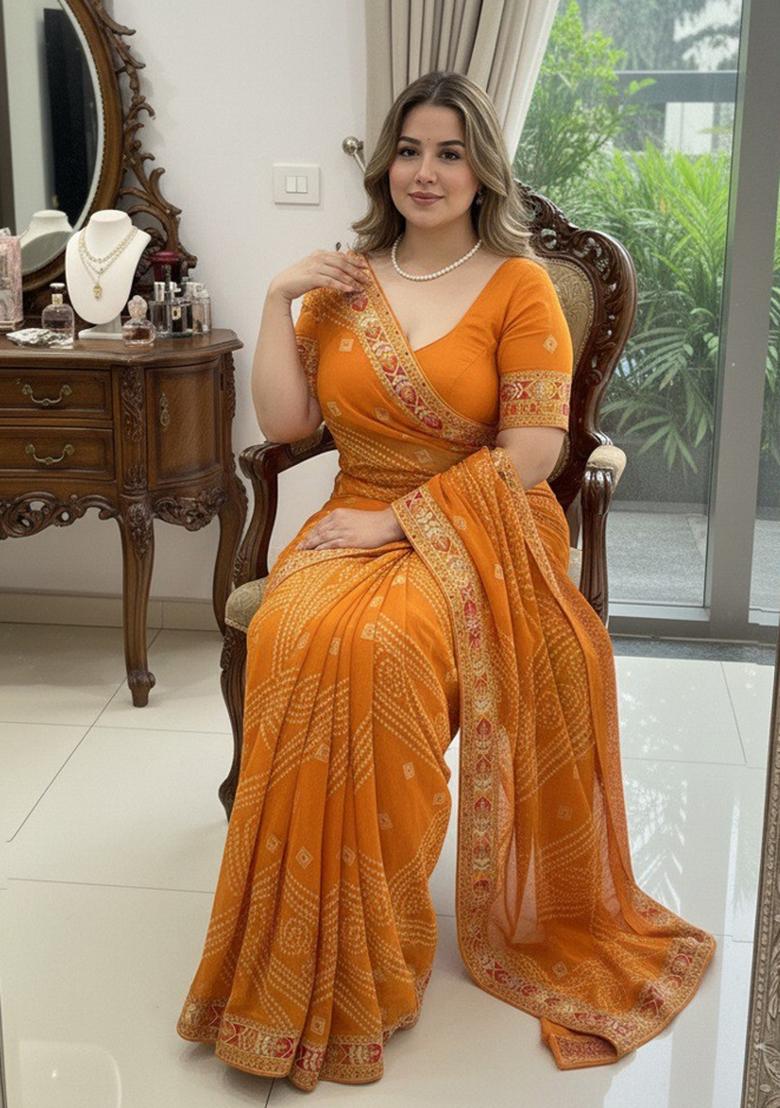 Yellow Embroidered Georgette Saree Set - Indya