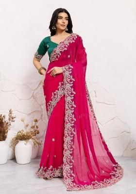 Pink Embroidered Silk Saree Set
