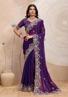 Purple Embroidered Silk Saree Set