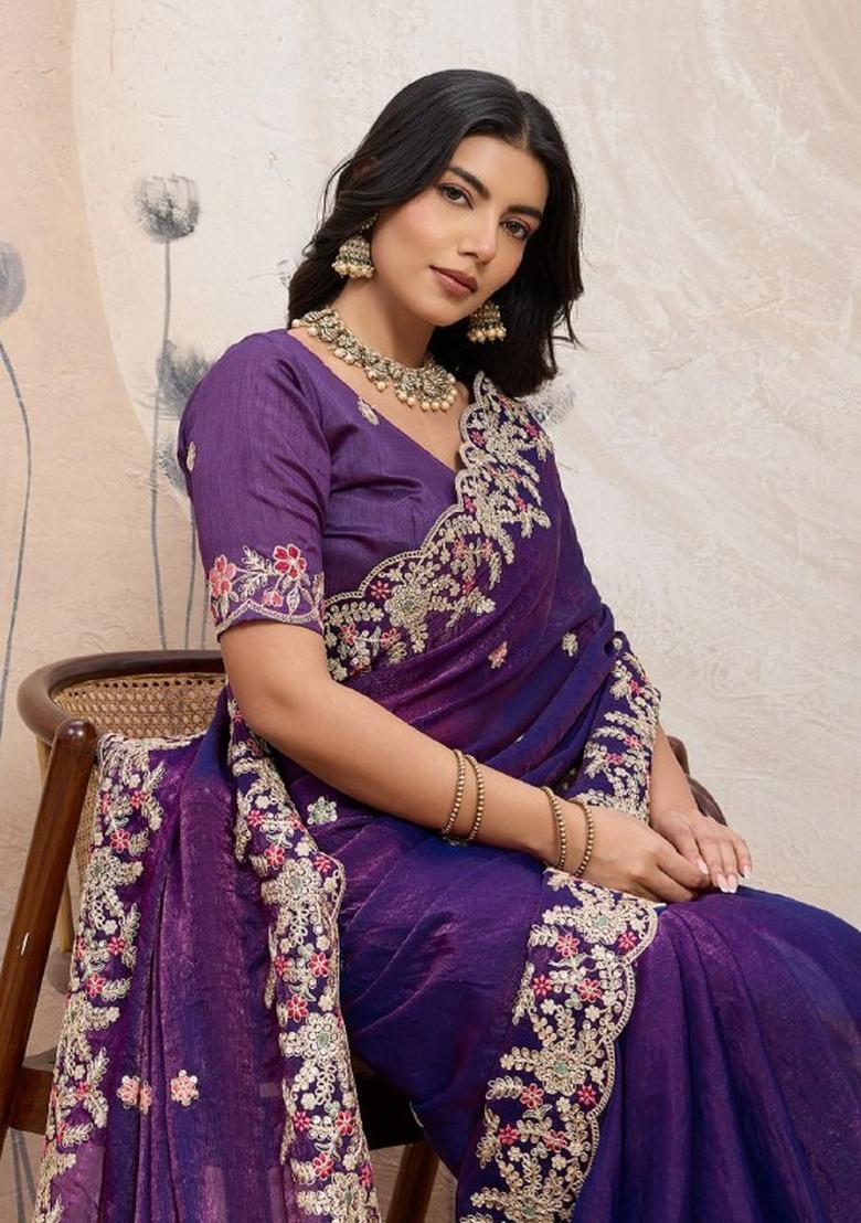 Purple Embroidered Silk Saree Set - Indya