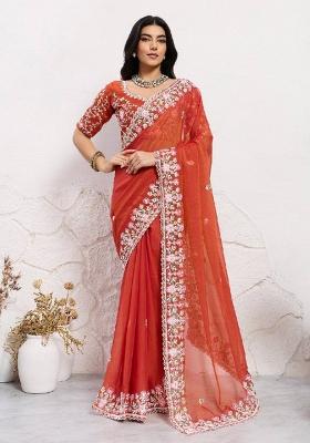 Orange Embroidered Chiffon Saree Set