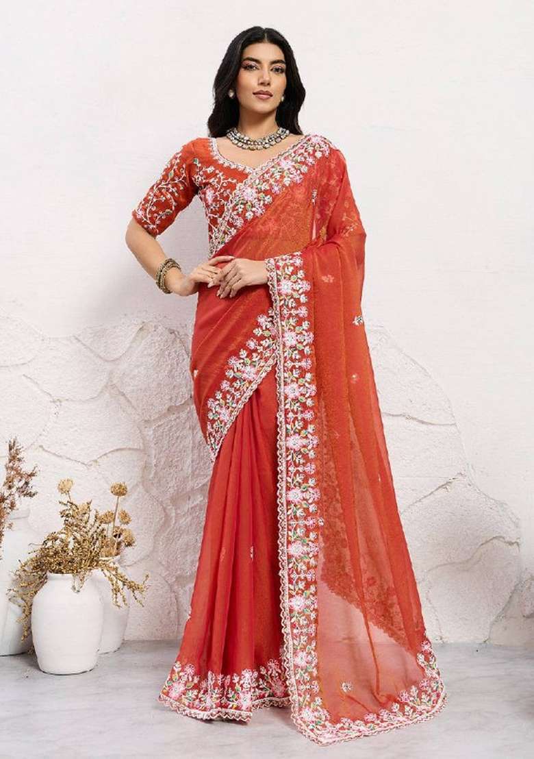 Orange Embroidered Chiffon Saree Set for Diwali and Festive Wear - Indya