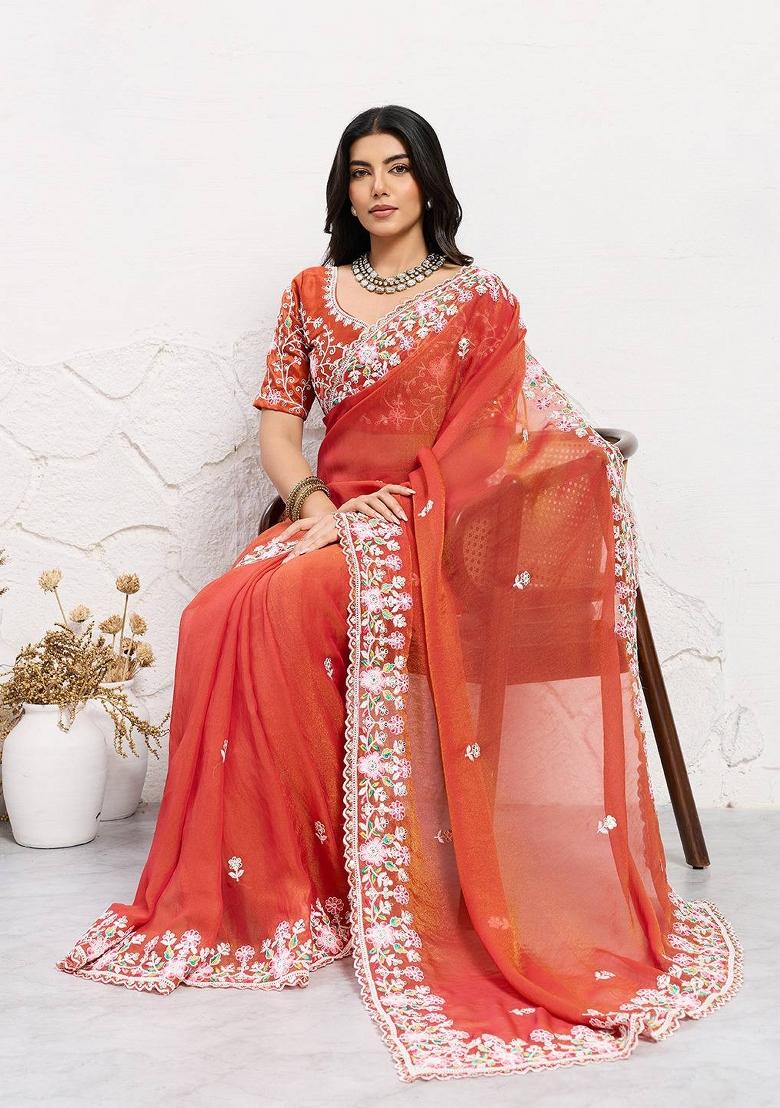 Orange Embroidered Chiffon Saree Set - Indya