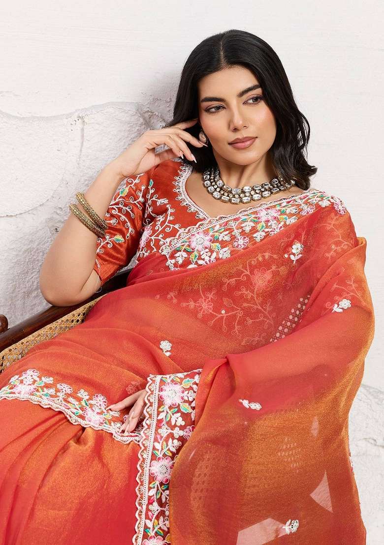 Orange Embroidered Chiffon Saree Set for Diwali and Festive Wear - Indya