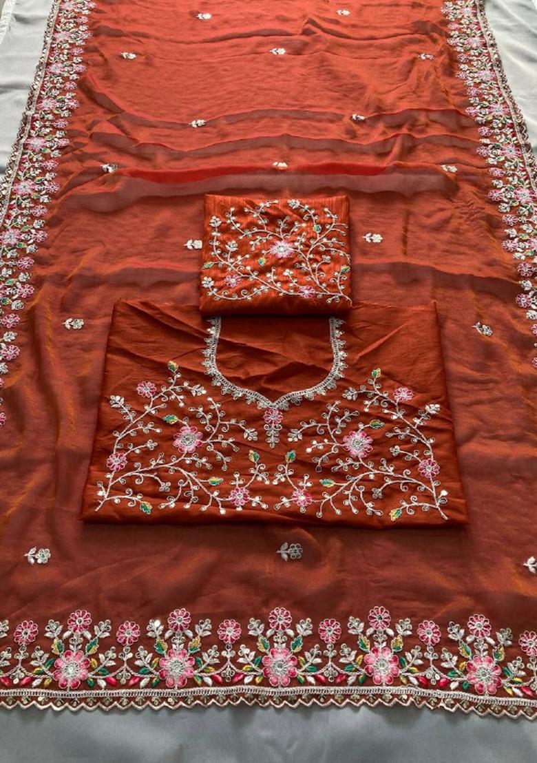 Orange Embroidered Chiffon Saree Set - Indya