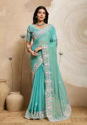 Sky Blue Embroidered Chiffon Saree Set