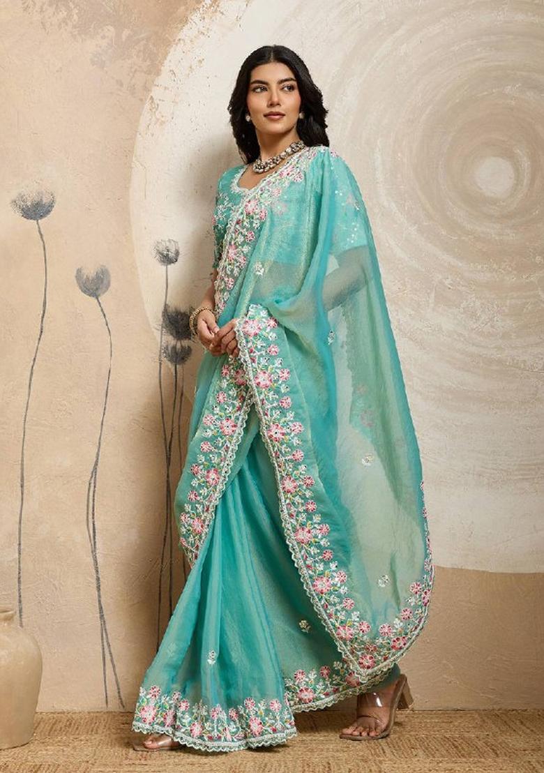 Sky Blue Embroidered Chiffon Saree Set - Indya