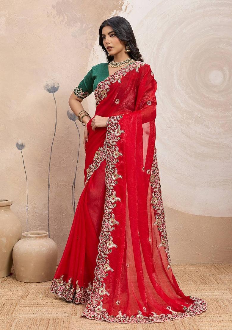 Red Embroidered Silk Saree Set - Indya