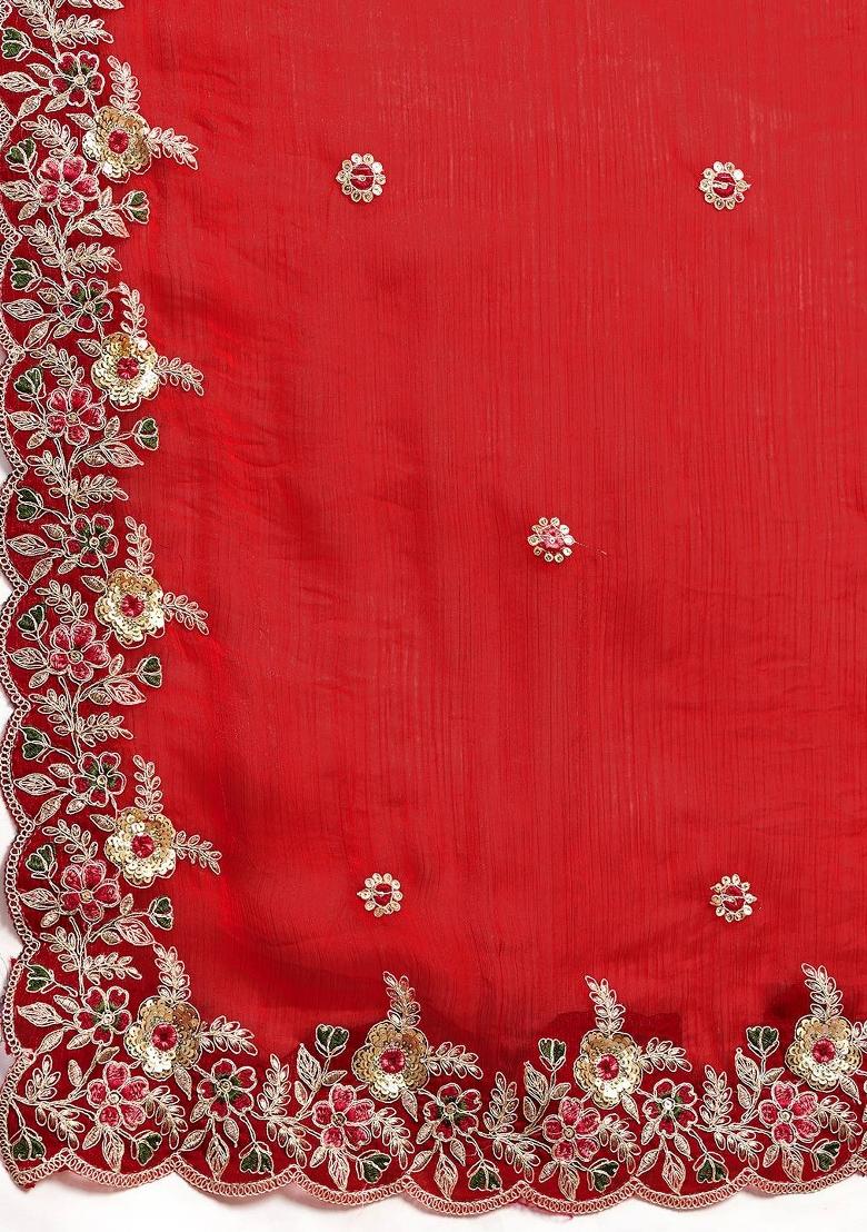 Red Embroidered Silk Saree Set - Indya