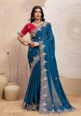 Teal Embroidered Silk Saree Set