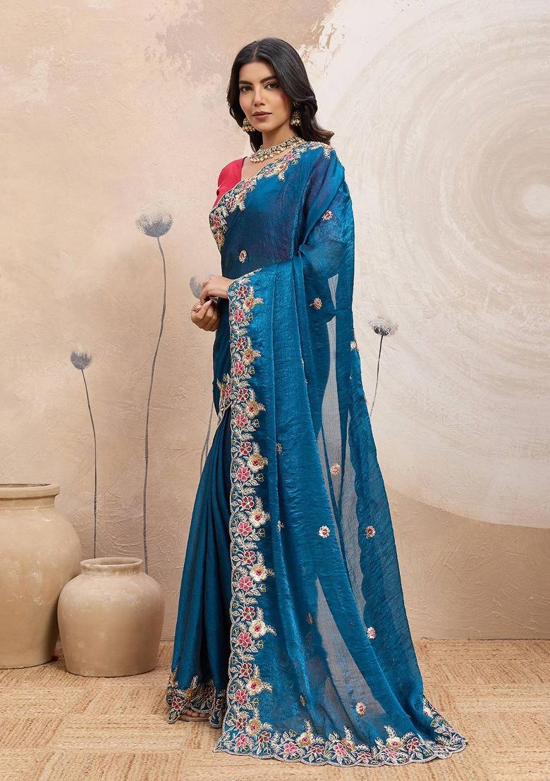 Teal Embroidered Silk Saree Set - Indya