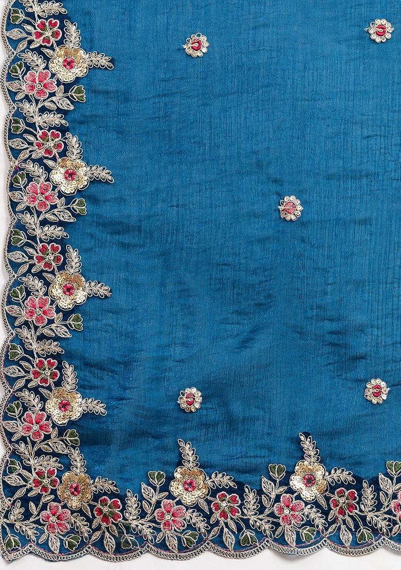 Teal Embroidered Silk Saree Set - Indya