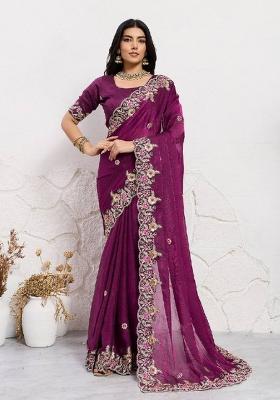 Purple Embroidered Silk Saree Set