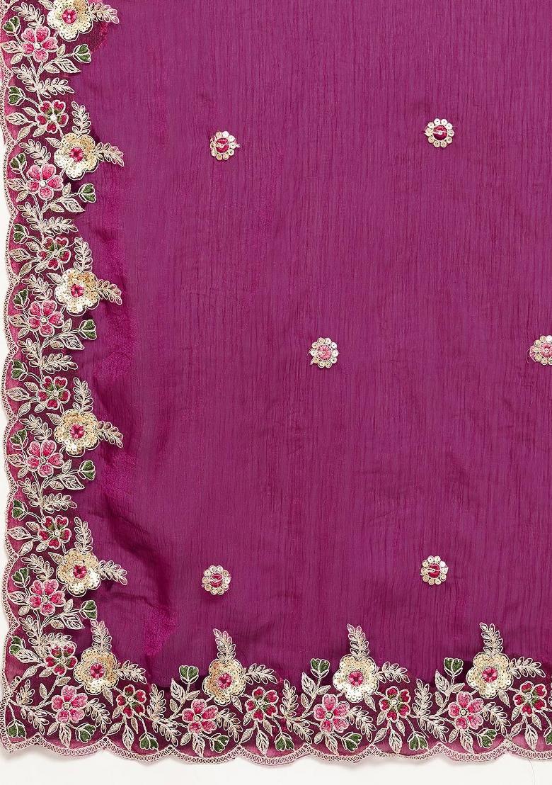 Purple Embroidered Silk Saree Set - Indya