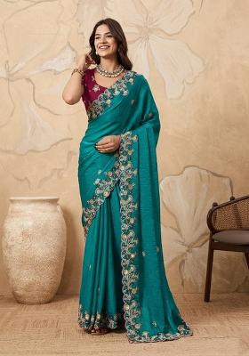Blue Embroidered Fendi Saree Set