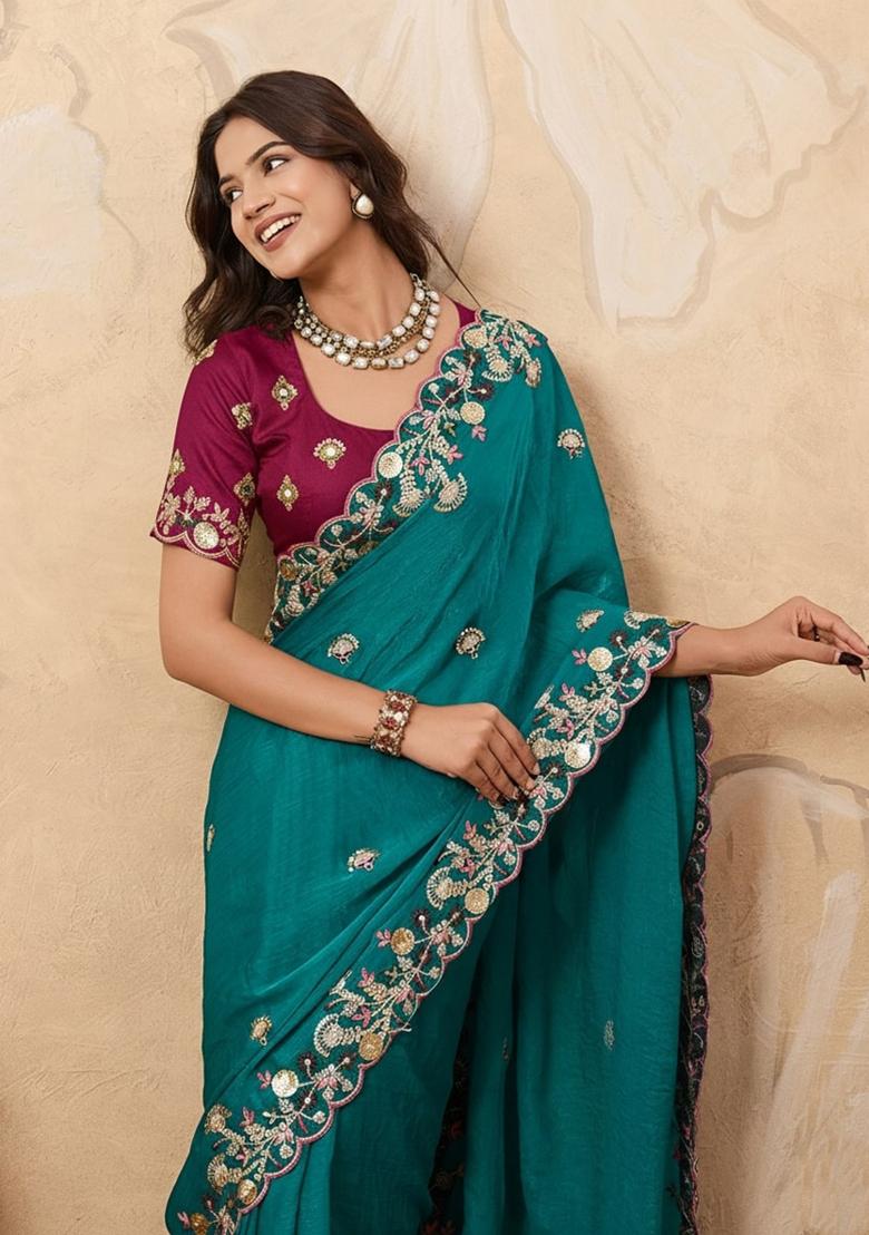 Blue Embroidered Fendi Saree Set - Indya