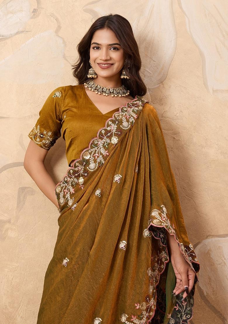 Mustard Embroidered Fendi Saree Set - Indya